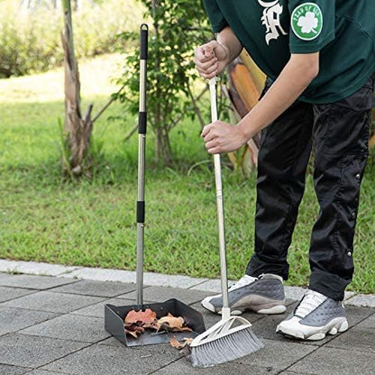Metal Broom with Dustpan Combo Set-Long Handle Broom with Dustpan,Heavy Duty Standing Dust Pan & Soft Bristles Brooms,Indoor Outdoor Dust Pan Brooms for Home Office Lobby Floor