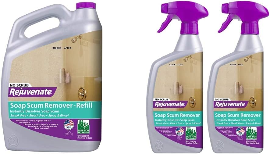 Rejuvenate Scrub Free Soap Scum Remover Cleaning Formula & Scrub Free Soap Scum Remover Shower Glass Door Cleaner Works on Ceramic Tile, Chrome, Plastic and More (2 Bottles x 24oz)