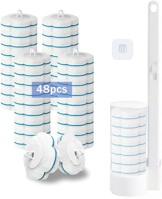 Disposable Toilet Brush and Holder Set with 48 PCS Refills, Deep Cleaning Toilet Bowl Cleaner Wands for Toilet Bowl, Sink, Toilet Cleaning System Starter Kit
