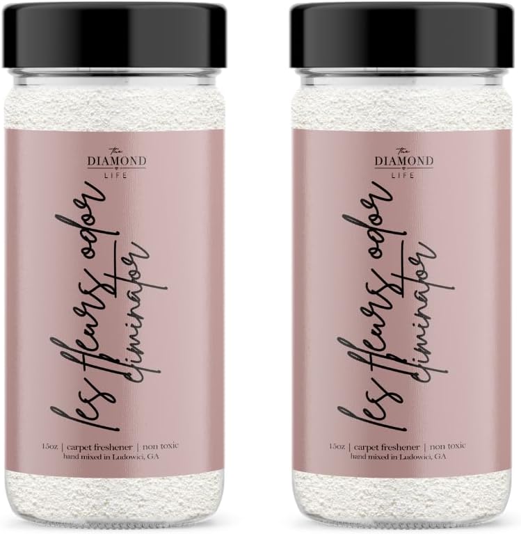 Home "Les Fleurs" Pink Peony & Cherry Blossom Natural Carpet Powder for Vacuuming, Mattress, & Upholstery Freshener, Odor Eliminator for Homes with Kids & Pets (2 Pack)