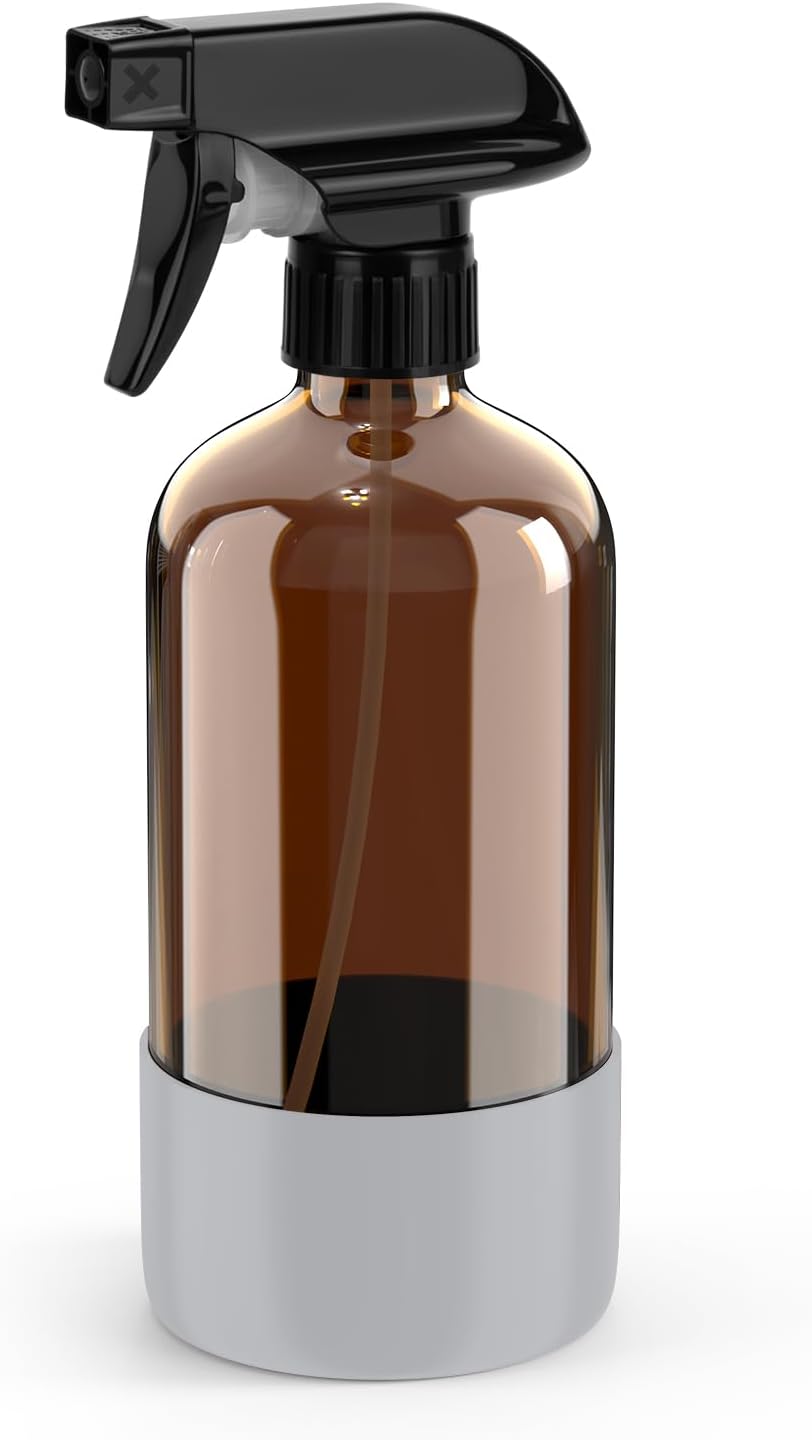 Bontip Amber Glass Spray Bottle with Silicone Sleeve Protection, 16 oz Refillable Spray Bottles for Cleaning Solutions, Plants, Aromatherapy, Facial Hydration (1, Black, 16 oz)