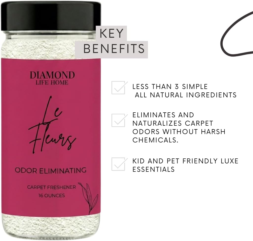 Home “Les Fleurs” Carpet Deodorizer Powder – Natural Odor Eliminator for Carpets, Upholstery, Spring Cleaning, & Dog Beds – Pet-Friendly – Pink Peony, Iris & White Musk