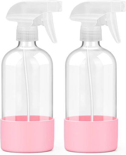 Worldgsb 2 Pack Glass Spray Bottles with Silicone Sleeve, 16 oz Empty Refillable Containers with Adjustable Spray Nozzles, Spray Bottles for Hair, Cleaning Solutions and Plants Blue&Grey