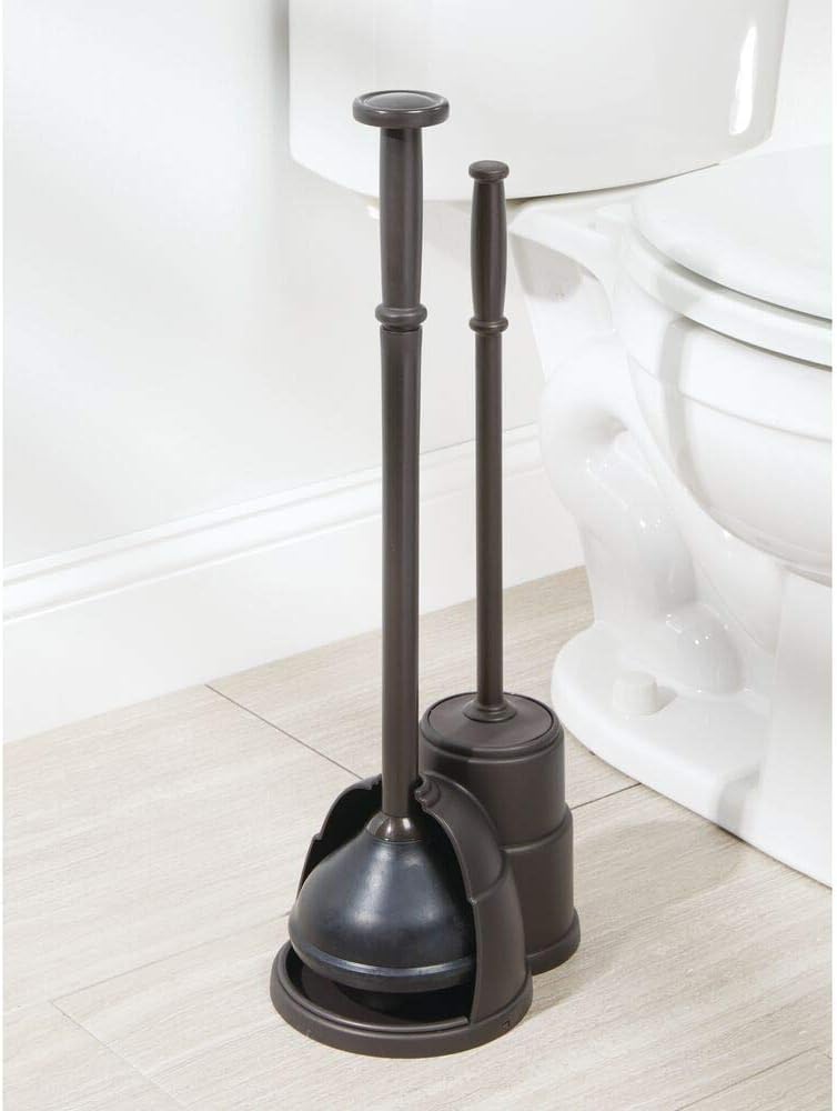 mDesign Plunger and Brush Set for Toilet Bowl - Hidden, Modern Toilet Brush and Plunger Set with Caddy - Brush Cleaner and Plunger Combo with Holder for Bathroom - Hyde Collection - Bronze