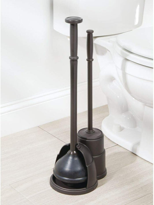 mDesign Plunger and Brush Set for Toilet Bowl - Hidden, Modern Toilet Brush and Plunger Set with Caddy - Brush Cleaner and Plunger Combo with Holder for Bathroom - Hyde Collection - Bronze