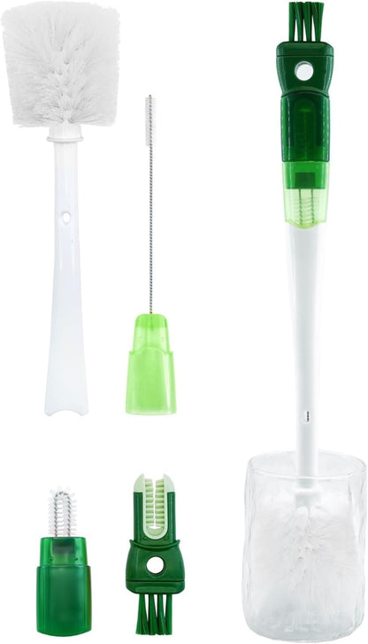 Five-in-one Bottle Brush Set (1Pc Green), Long Handle Bottle Cleaning Brush Straw Brush Nipple Brush Hard-Corner Brush for Sports Water Bottles Caps Mugs Glasswares Tumblers Wine Decanters