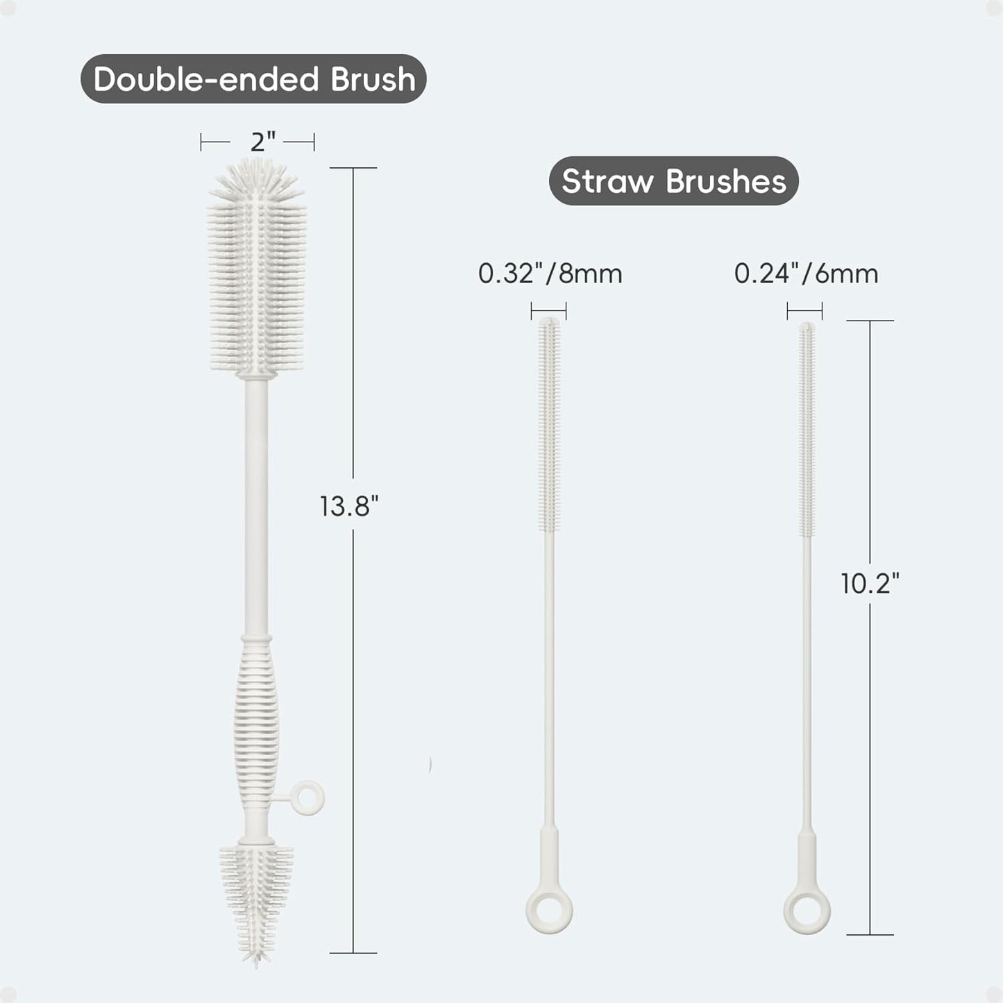 Reusable Silicone Straw Cleaner Brush Set, 2-Pack Extra Long Straw Cleaning Brush for Metal Glass Water Bottle Drinking Straws, Flexible&Bendable Design, Dishwasher Safe, 6mm & 8mm Diameter