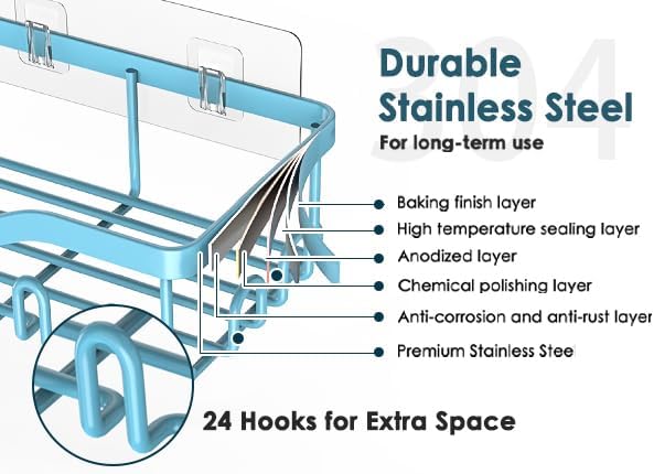 NESOMI Shower Caddy Adhesive Shower Organizer 7-Pack, Rustproof Stainless Steel Bathroom Shelves, Large Capacity No-Drill Rack Storage Accessories with Soap Dish Toothbrush Holder &24 Hooks Home Decor
