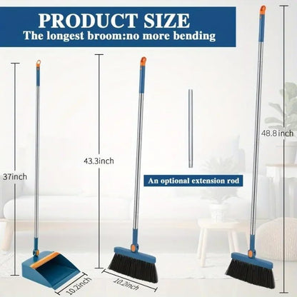 2-in-1 Broom with Dustpan Combo Set,Long Handle Broom Dustpan Combo with Dustpan Teeth to Automatically Clean Hair for Home, Indoor or Outdoor Cleaning Hall Floor (Gray)