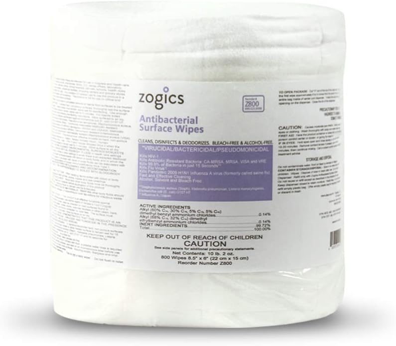 Zogics Antibacterial Wipes, EPA Registered Surface and Gym Equipment Disinfecting Wipes (800 Wipes) + Reusable Wipe Bucket Dispenser