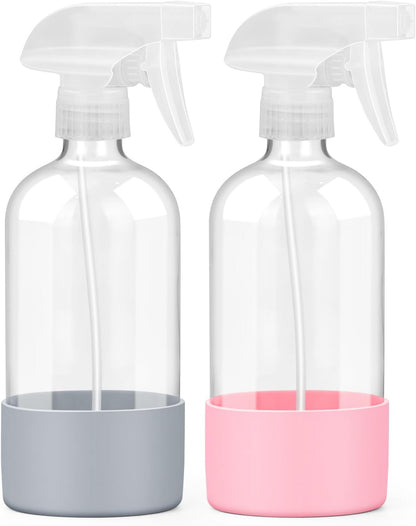 Worldgsb 2 Pack Glass Spray Bottles with Silicone Sleeve, 16 oz Empty Refillable Containers with Adjustable Spray Nozzles, Spray Bottles for Hair, Cleaning Solutions and Plants Blue&Grey