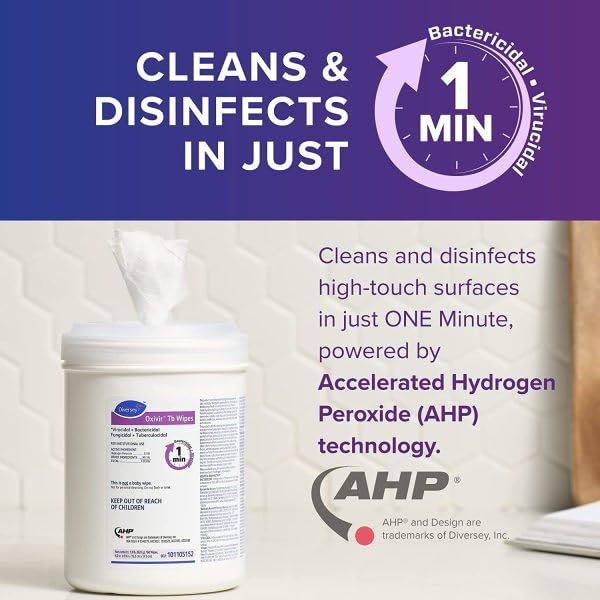 Oxivir Diversey Tb 5388471 Ready-to-Use Disinfectant Cleaning Wipes, Accelerated Hydrogen Peroxide, Large 7x8-Inch Sheets, 60-Wipes, 1-Slim Canister