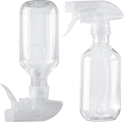 2 Pack 360° Spray Bottles, 10 oz Plastic Small Containers with Adjustable Spray Nozzles, Spray Bottles for Hair, Cleaning Solutions, BBQ and Plants Clear