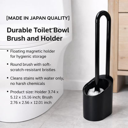 Toilet Bowl Brush and Holder Set Made in Japan - Magnetic Floating Storage, Scratch-Resistant Round Brush, Durable Bristles, Sanitary Bathroom Cleaner (1, Brush with Holder, Black)