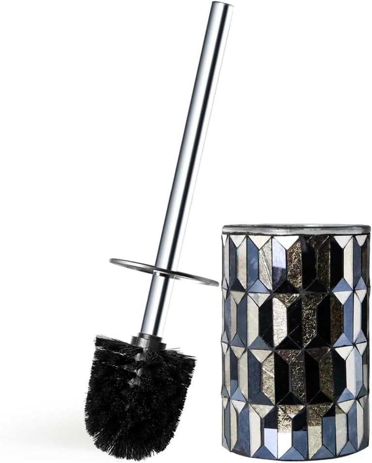 Escenzy Turquoise Green Toilet Brush and Holder Set Mosaic Glass | Non-Rustic Stainless Steel | Practical & Decorative Toilet Bowl Brush and Holder | Luxury Green Bathroom Accessories
