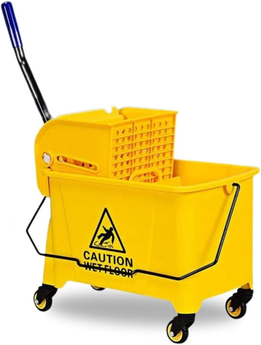 Mop Bucket, Commercial Bucket for Mopping on Wheels with Potable Handle, Mop Bucket with Wringer for Home, Household, Office, Bathroom, Yellow (25 Quarts)