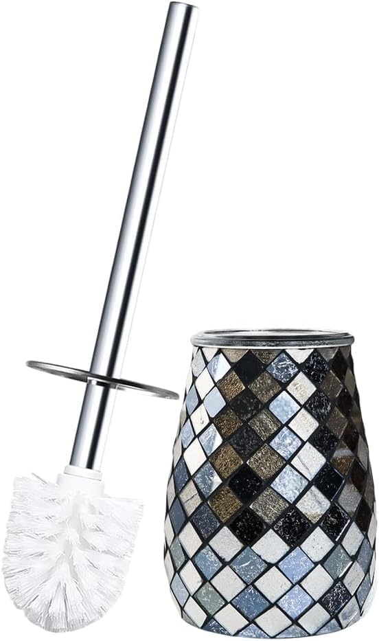Escenzy Turquoise Green Toilet Brush and Holder Set Mosaic Glass | Non-Rustic Stainless Steel | Practical & Decorative Toilet Bowl Brush and Holder | Luxury Green Bathroom Accessories