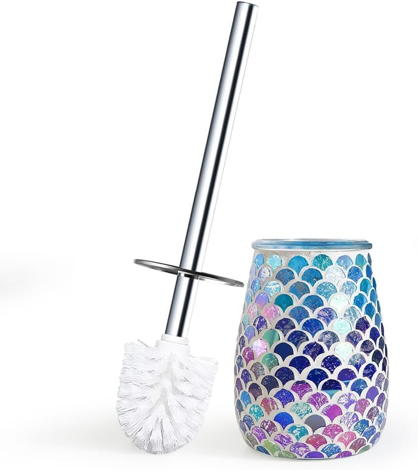 Escenzy Turquoise Green Toilet Brush and Holder Set Mosaic Glass | Non-Rustic Stainless Steel | Practical & Decorative Toilet Bowl Brush and Holder | Luxury Green Bathroom Accessories