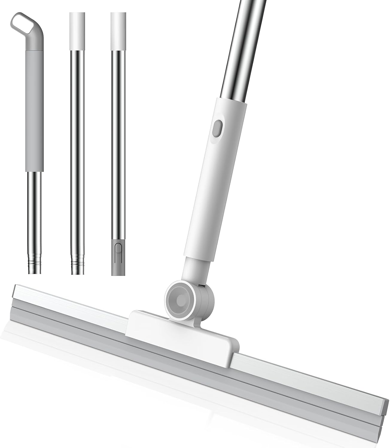 nacena Floor Squeegee, 52-in Adjustable Long Handle Squeegee for Floor Water Removal 180° Rotatable Head Squeegee Broom for Cleaning Window Shower Glass Tile Garage Concrete Pet Hairs, Grey&White