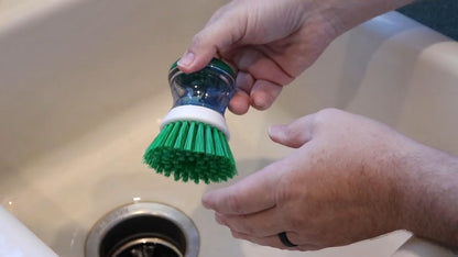 Soap Dispensing Palm Scrub Brush - Made in The USA - Heavy Duty Kitchen Dish Scrubber with Ergonomic Non-Slip Grip for Dishes, Pots, Pans, and Sink Cleaning