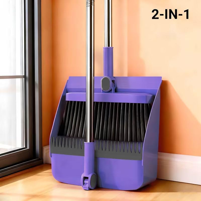 2-in-1 Broom with Dustpan Combo Set,Long Handle Broom Dustpan Combo with Dustpan Teeth to Automatically Clean Hair for Home, Indoor or Outdoor Cleaning Hall Floor (Gray)