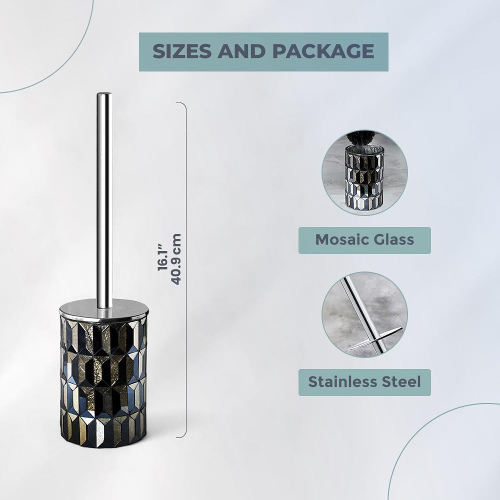 Escenzy Turquoise Green Toilet Brush and Holder Set Mosaic Glass | Non-Rustic Stainless Steel | Practical & Decorative Toilet Bowl Brush and Holder | Luxury Green Bathroom Accessories