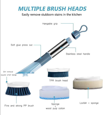 Soap Dispensing Dish Brush Set with Holder - 3 Replaceable Heads (Sponge, Scrubber, Brush) - Long Handle Kitchen Cleaning Brush for Pots, Pans, Sink & Dishes - Non-Slip Grip (Blue)
