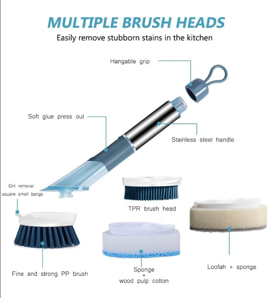 Soap Dispensing Dish Brush Set with Holder - 3 Replaceable Heads (Sponge, Scrubber, Brush) - Long Handle Kitchen Cleaning Brush for Pots, Pans, Sink & Dishes - Non-Slip Grip (Blue)