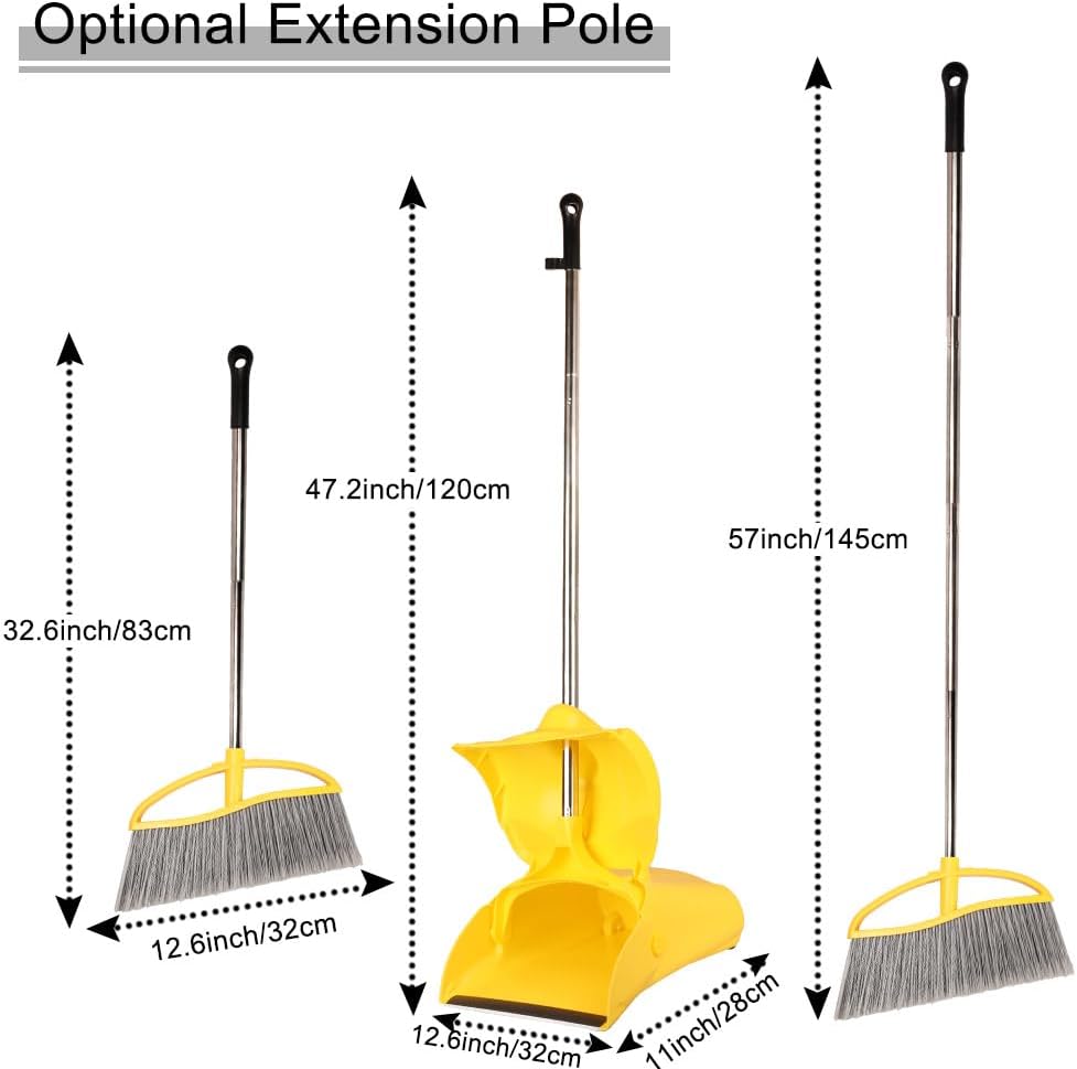 Long Handle Heavy Duty Broom and Dustpan Set, Outdoor and Commercial Upright Dustpan and Brush for Restaurant Garage Garden Yard Office, Yellow