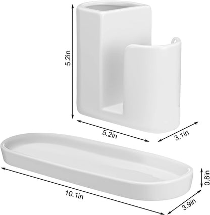 Geelin 3 in 1 Ceramic Kitchen Sink Caddy Dish Sponge Holder Scrub Brush Holder and Soap Tray for Kitchen Organizer White Rustic Farmhouse Supplies(White)