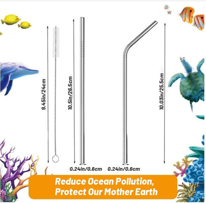 VEHHE Metal Straw Stainless Steel Straws Drinking Reusable Straws 4 Set -10.5" Ultra Long Rainbow Color-Cleaning Brush for 20/30 Oz for Yeti RTIC SIC Ozark Trail Tumblers (2 Straight|2 Bent|1 Brush)