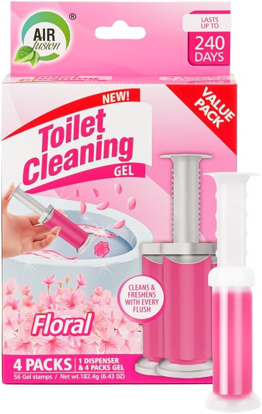 Toilet Cleaning Gel Floral Scent. Pack of 4 (6.43oz) with 56 Gel Stamps for Continuous Toilet Cleaning, Deodorizing & Fruity Freshness