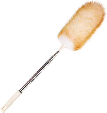 Extendable Lambswool Duster Stainless Steel Handle 133" Removable Feather Duster for Cleaning Ceiling Fans Interior Roof Furniture, Brown