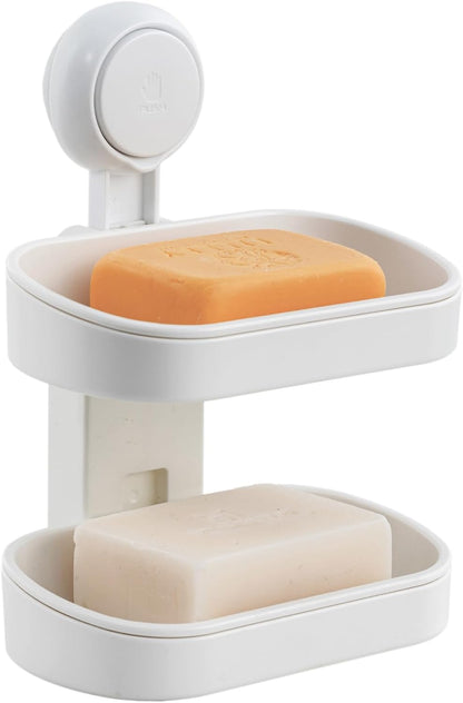 LEVERLOC Soap Holder Shower with Hooks, Bar Suction Cup Soap Dish Tray for Wall, Rust-Proof Stainless Steel Sponge Caddy for Bathroom Accessories Organizer Bathtub Kitchen Sink, Black