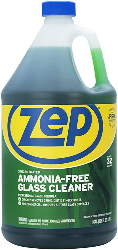 Zep Ammonia Free Glass Cleaner Concentrate - 1 Gallon (Case of 4) ZU1052128 - Professional Grade Formula Removes Dirt, Fingerprints, and Grime from Windows, Mirrors, Acrylic Surfaces, and Tinted Glass