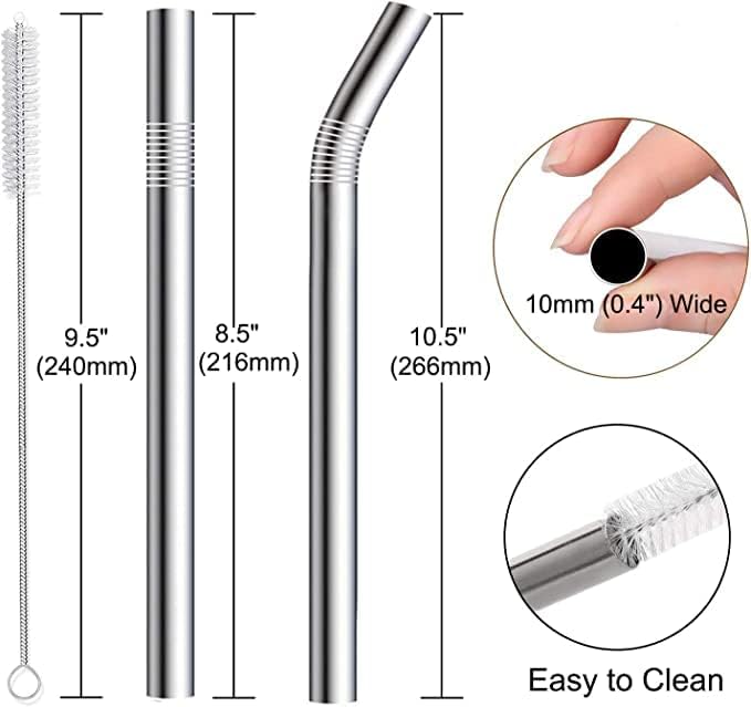 Vinaco Stainless Steel Smoothie Straws, 0.4'' Extra Wide Reusable Metal Drinking Straws for Milkshake, Smoothie, Beverage, Set of 4 with 1 Cleaning Brush