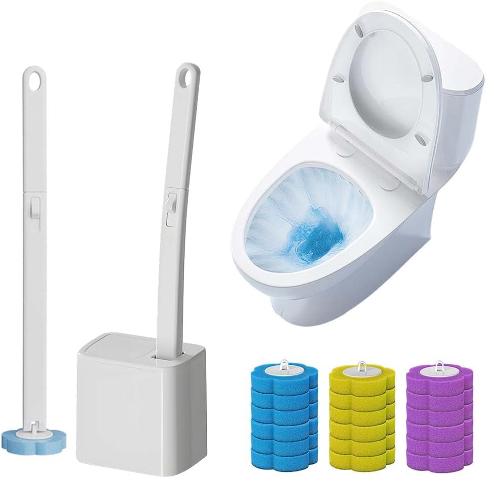 Upgrade Disposable Toilet Brush, Disposable Toilet Cleaning Set with Holder & Refills, Extended Handle Bowl Brush for Hygienic Bathroom Maintenance, 18 Disinfecting Heads Included (White)