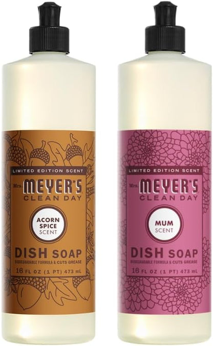 Mrs. MEYER'S CLEAN DAY Liquid Dish Soap 3 Pack Variety, Acorn Spice, Apple Cider, Fall Leaves, 16 OZ Each, 1 CT