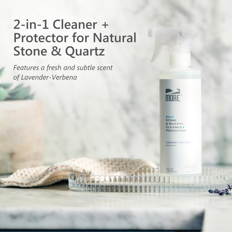 MORE Stone & Quartz Cleaner + Protector - Water-Based Surface Spray - Granite, Quartz & Marble Cleaner - For Kitchen & Bathroom Countertops & Floors - Peppermint-Thyme Essential Oil - Pint (16oz)