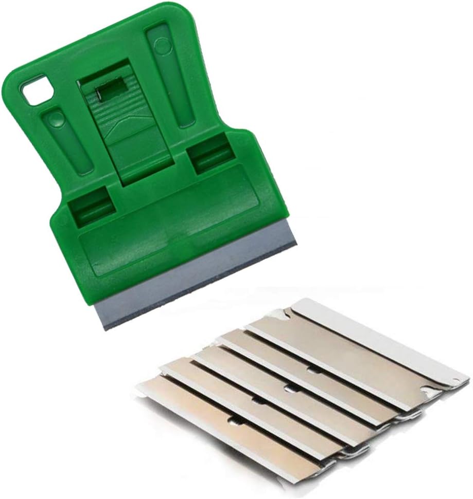 Razor Blades Metal Scraper Tool Pull Push Glass Scraper Stove Top Scraper Window Ceramic Scraper with10 PCS Single Edge Replacement Scraper Blades Removing Decal Label Residue Sticker,Silver