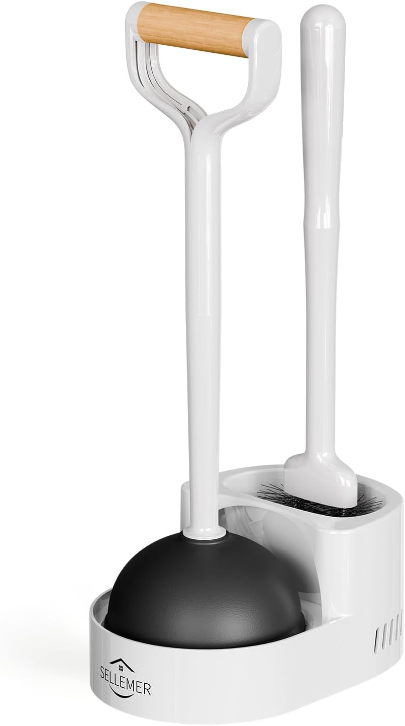 Sellemer Toilet Brush and Plunger Set, Curved Design Head for Deep Cleaning, Heavy Duty Toilet Bowl Brush and Plunger Combo with Holder for Bathroom Cleaning, Black, 1 Pack
