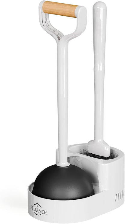 Sellemer Toilet Brush and Plunger Set, Curved Design Head for Deep Cleaning, Heavy Duty Toilet Bowl Brush and Plunger Combo with Holder for Bathroom Cleaning, Black, 1 Pack