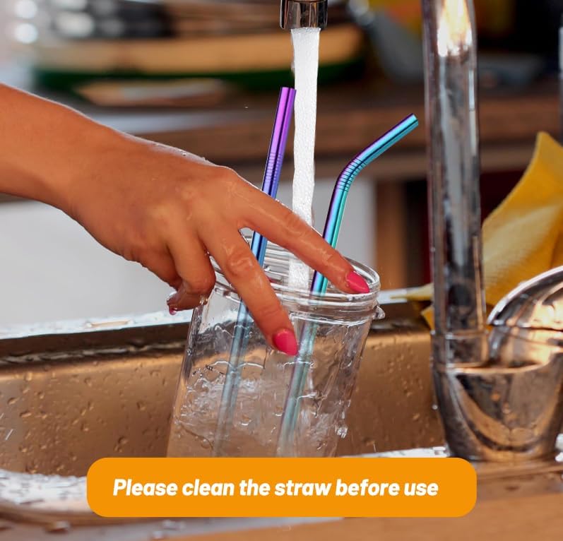 VEHHE Metal Straw Stainless Steel Straws Drinking Reusable Straws 4 Set -10.5" Ultra Long Rainbow Color-Cleaning Brush for 20/30 Oz for Yeti RTIC SIC Ozark Trail Tumblers (2 Straight|2 Bent|1 Brush)