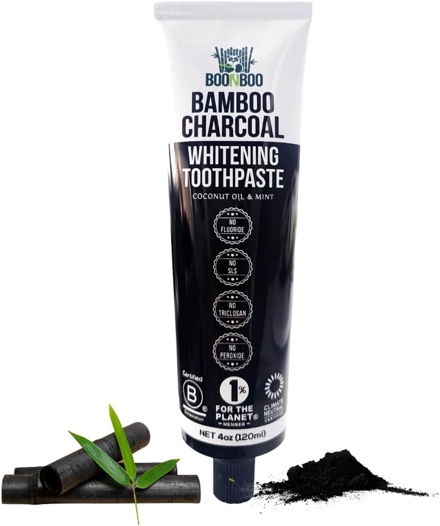BOONBOO Bamboo Charcoal Toothpaste | 4oz / 120ml | Mint Flavor | Aluminum Tube with Bioplastic Cap | 100% Plastic-Free and Recyclable | Charcoal Paste for Teeth Cleaning and Whitening