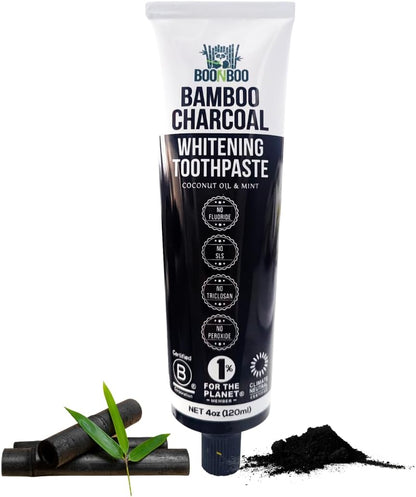 BOONBOO Bamboo Charcoal Toothpaste | 4oz / 120ml | Mint Flavor | Aluminum Tube with Bioplastic Cap | 100% Plastic-Free and Recyclable | Charcoal Paste for Teeth Cleaning and Whitening
