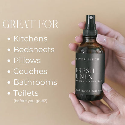 River Birch Luxury Linen and Room Spray - Home Signature Scent Balsam and Cedar Room Fragrance Spray - Fragrant Fresh Linen Air Freshener For Bedding - Handmade in Texas - 4 oz Glass Amber Bottle