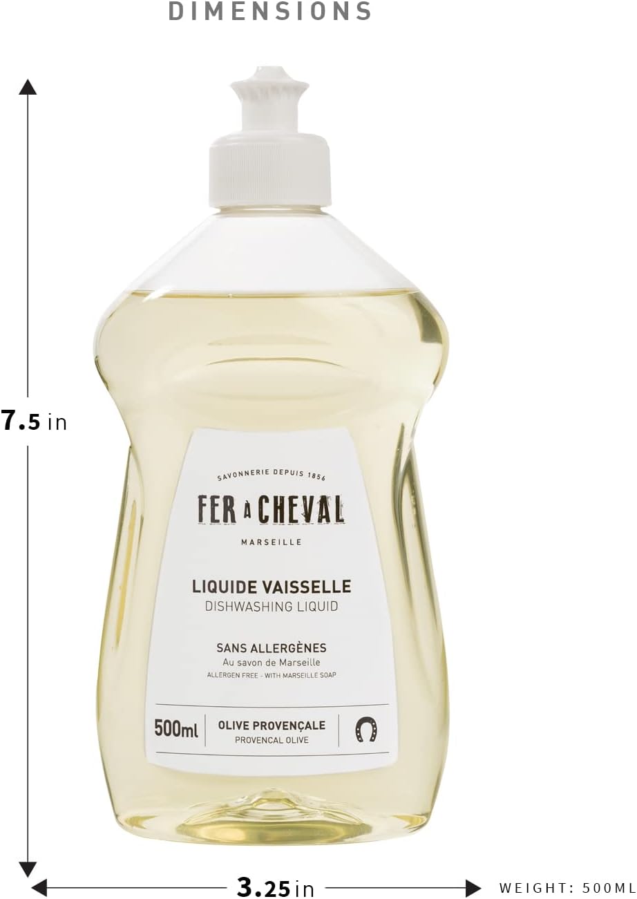 Fer à Cheval Marseille Dishwashing Soap, Olive Oil Based, Made in France - Liquid Dishwashing Soap, 500 ml/16.9 fl oz