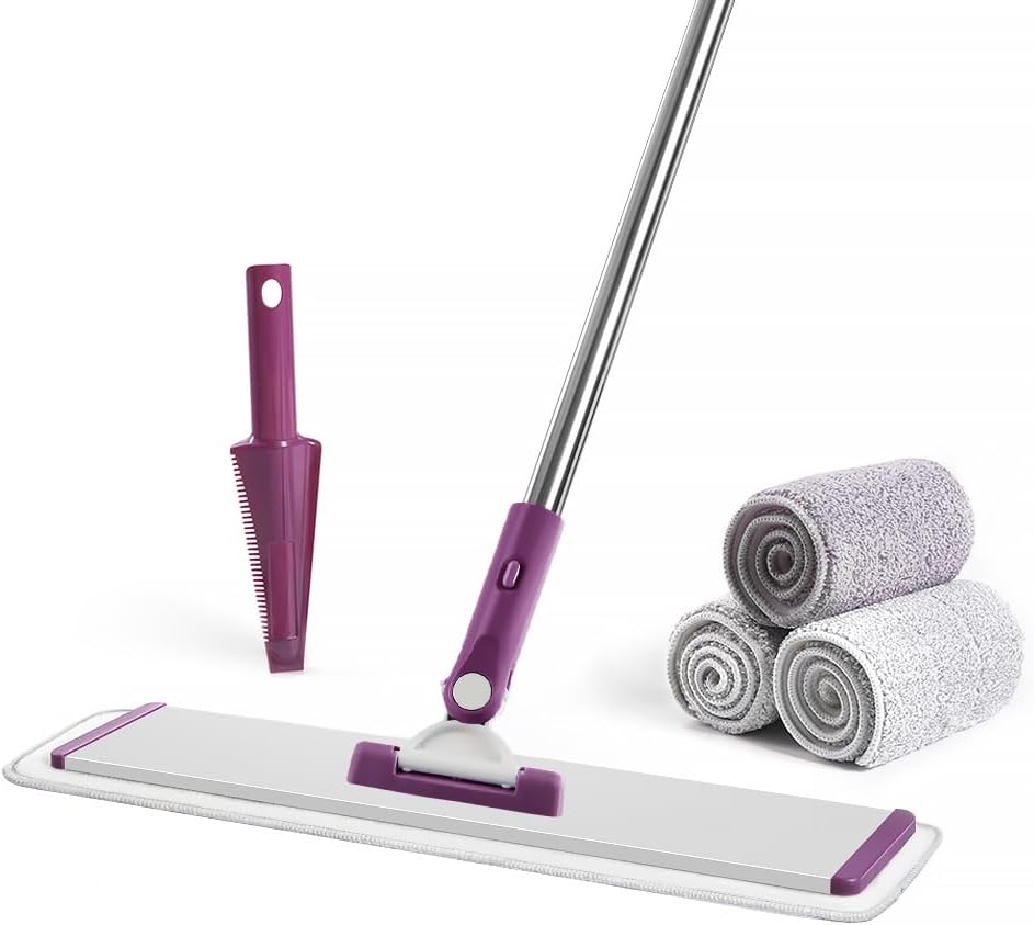CQT Commercial Flat Microfiber Floor Mop Cleaning System 18" Inch Wet Dry and Dust Hardwood with 4 Washable Pads Cleaner for Laminate Tile Stainless Steel Handle and Extension (PT12-WET)