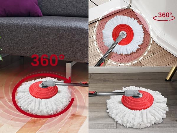 Stainless Steel Extendable Mop Handle with 2 Microfiber Replacement Heads & 360° Rotating Base Plate — Fits Standard Mop Buckets -White