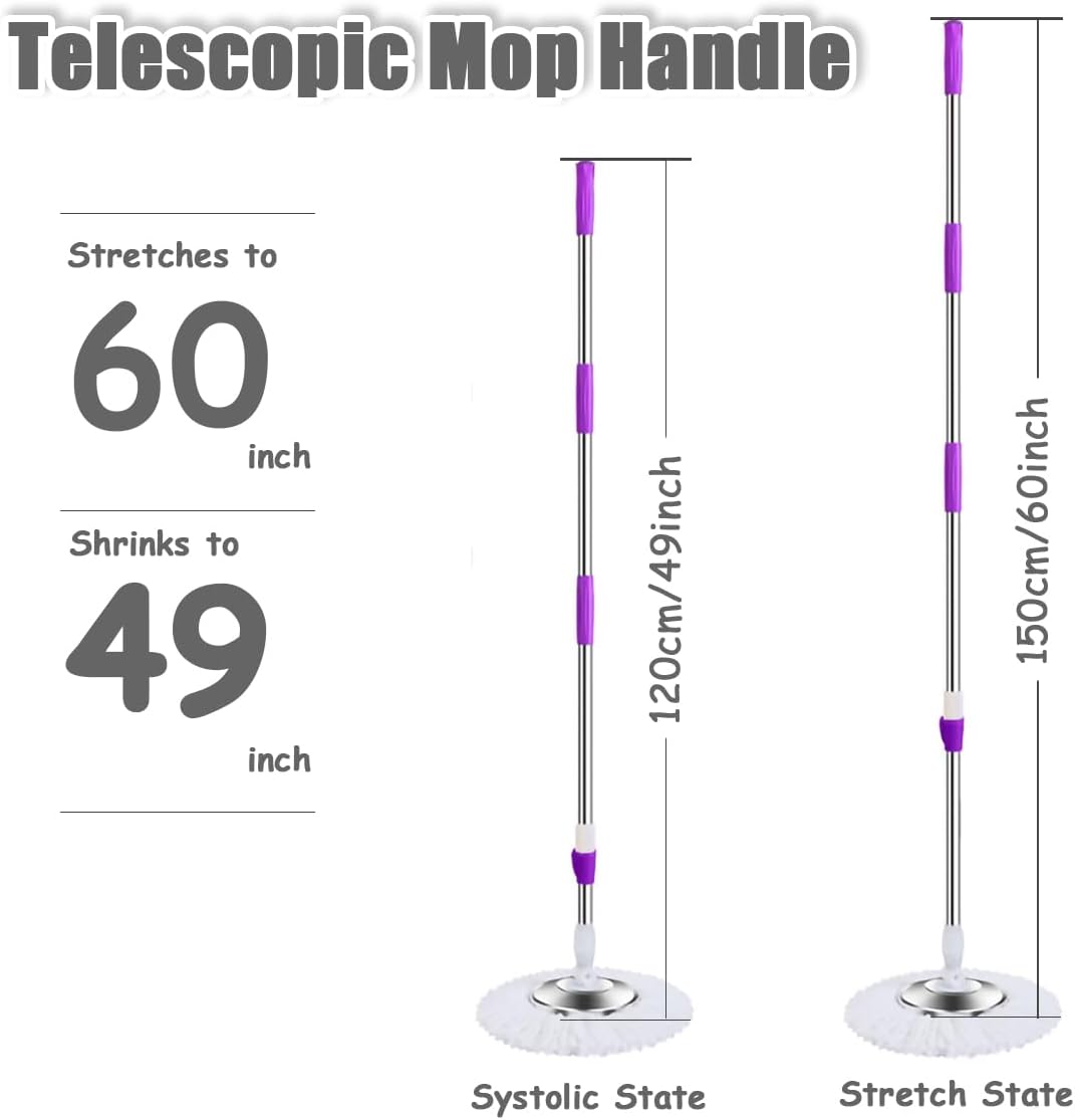 Extended Spin Mop Replacement Mop Handle, Upgraded 60-inch 360 Degrees Rotating Telescopic Replacement Mop Stick for Spin Mop Bucket Cleaning System Floor Cleaning (Plastic Disc, Green)